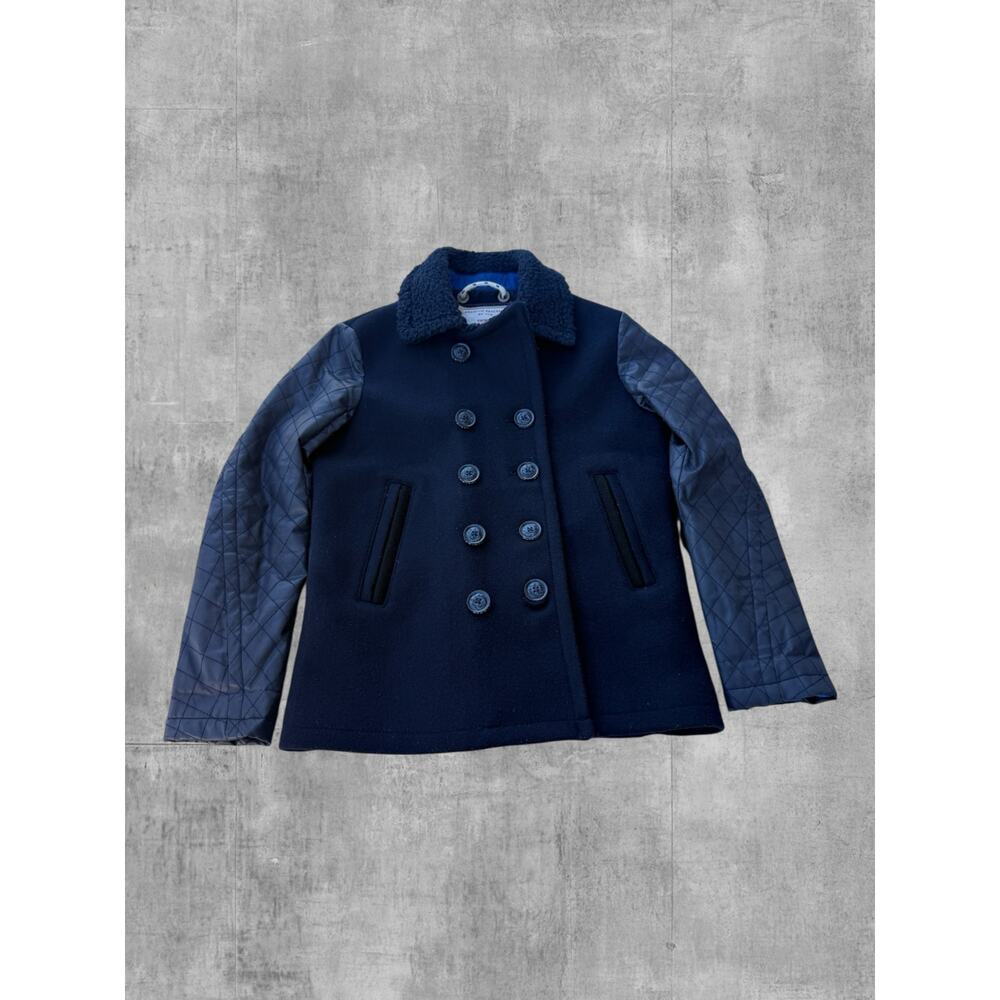 Superdry Premium Wool Peacoat Mens Large Navy Blue Quilted Sleeves Heavyweight